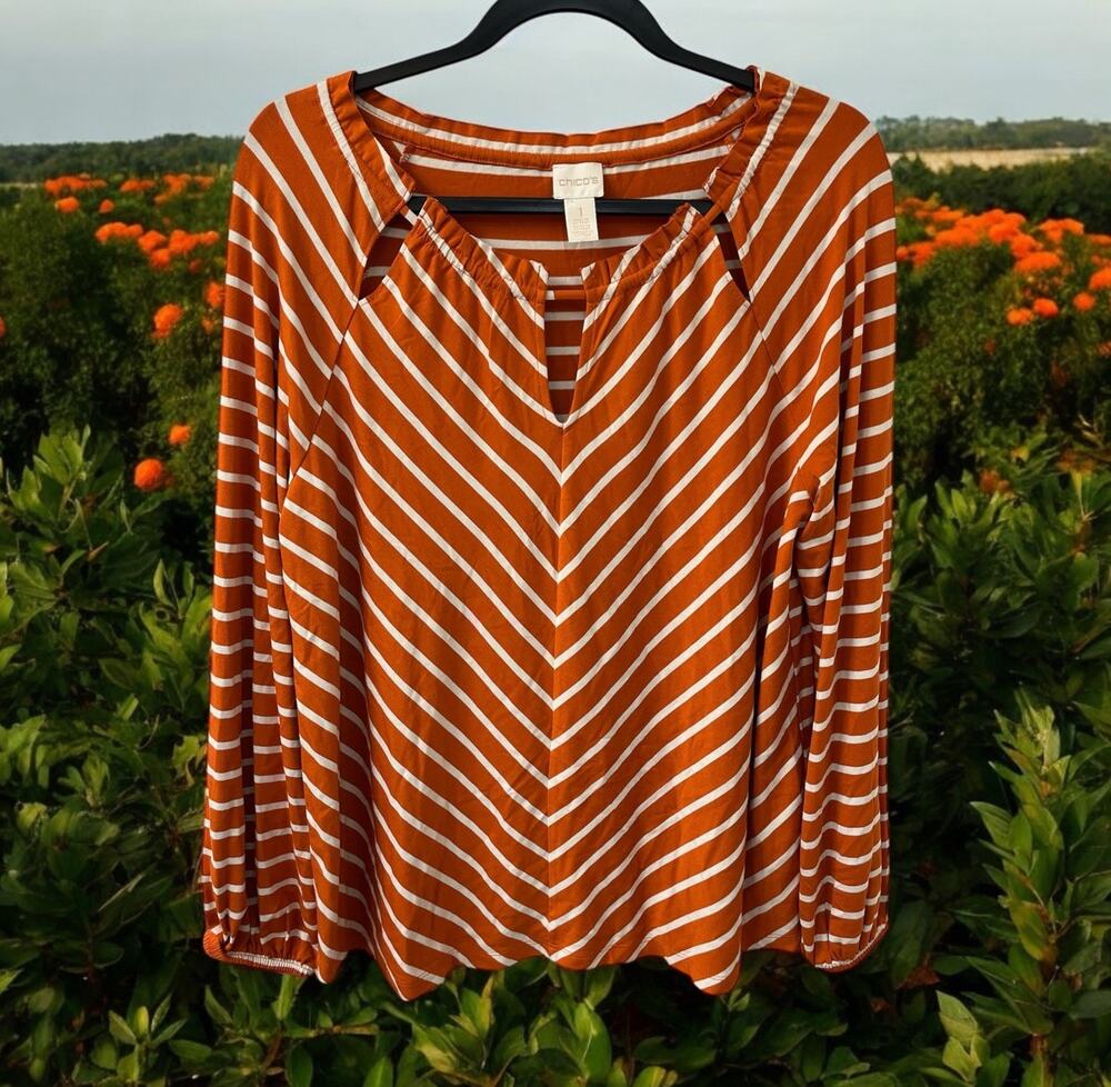 NWOT CHICO'S Top Size 1 Orange White Chevron Striped Peek-A-Boo Peasant Shirt